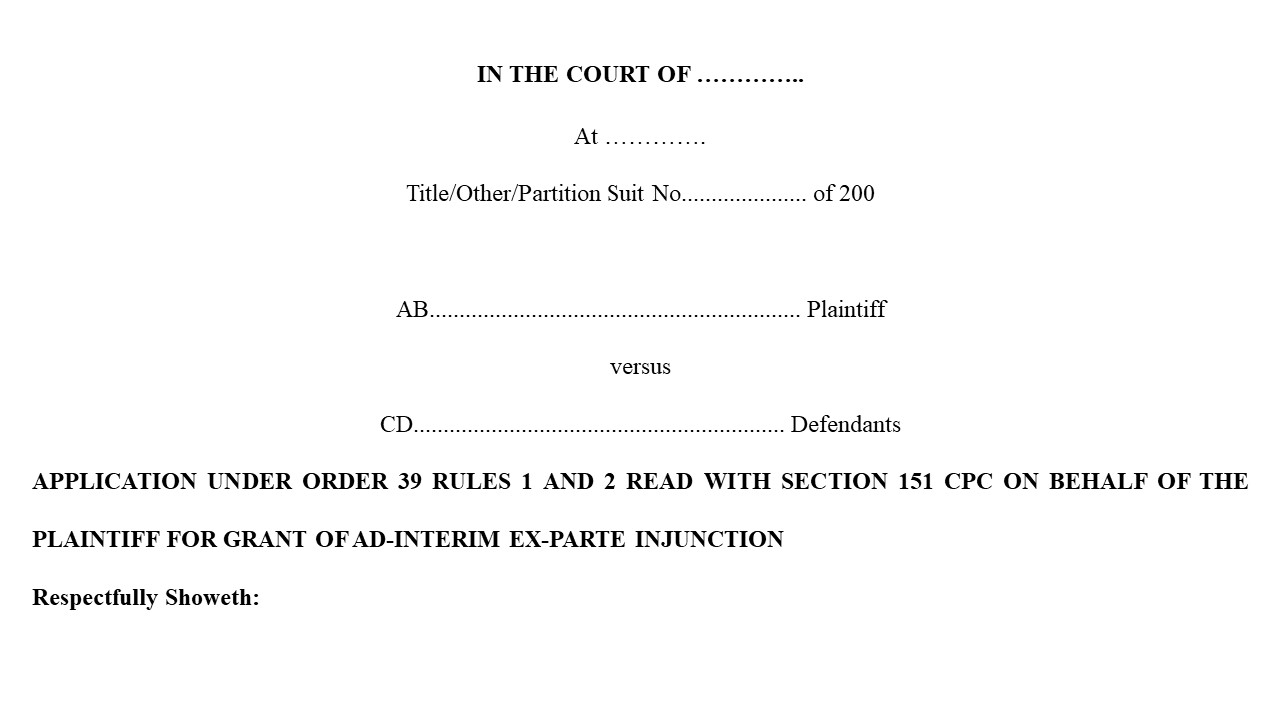  Format For Ex-Party Stay Application Petition under Order 39 rule 1& 2 of CPC Image